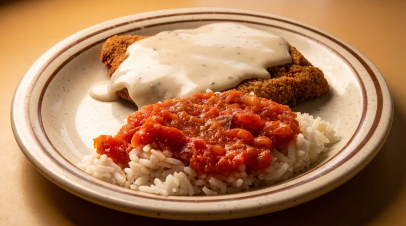 Chicken fried steak with gravy, white rice, and tomato sauce on a speckled plate.
