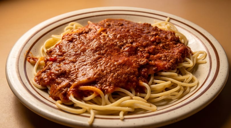 A plate of spaghetti topped with a rich, red meat sauce, presented on a light-colored, striped plate.