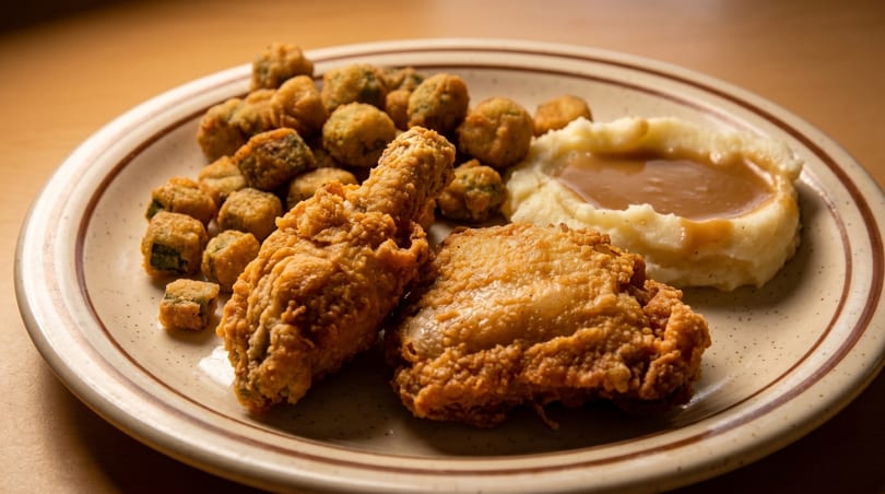 Crispy fried chicken, mashed potatoes with gravy, and fried okra served on a plate.